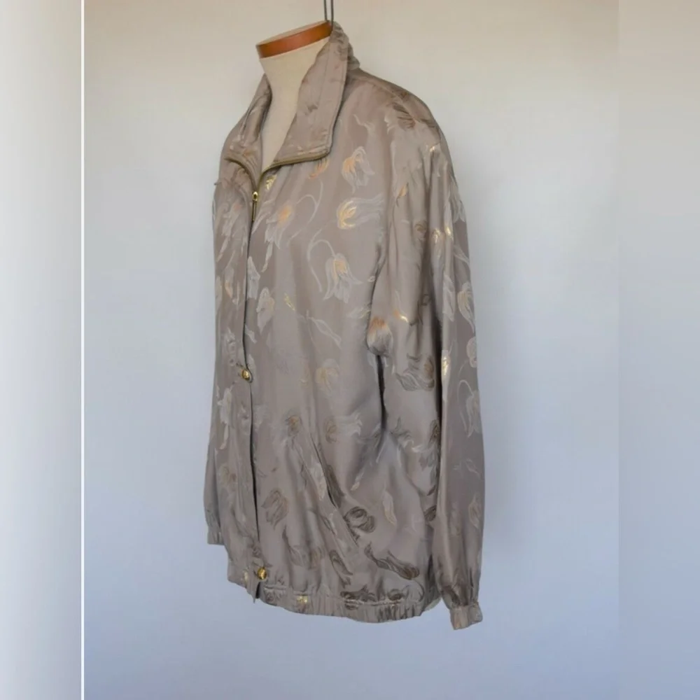 Vintage EVR - flower Print - Brown Jacket - 100% Silk - made in china L